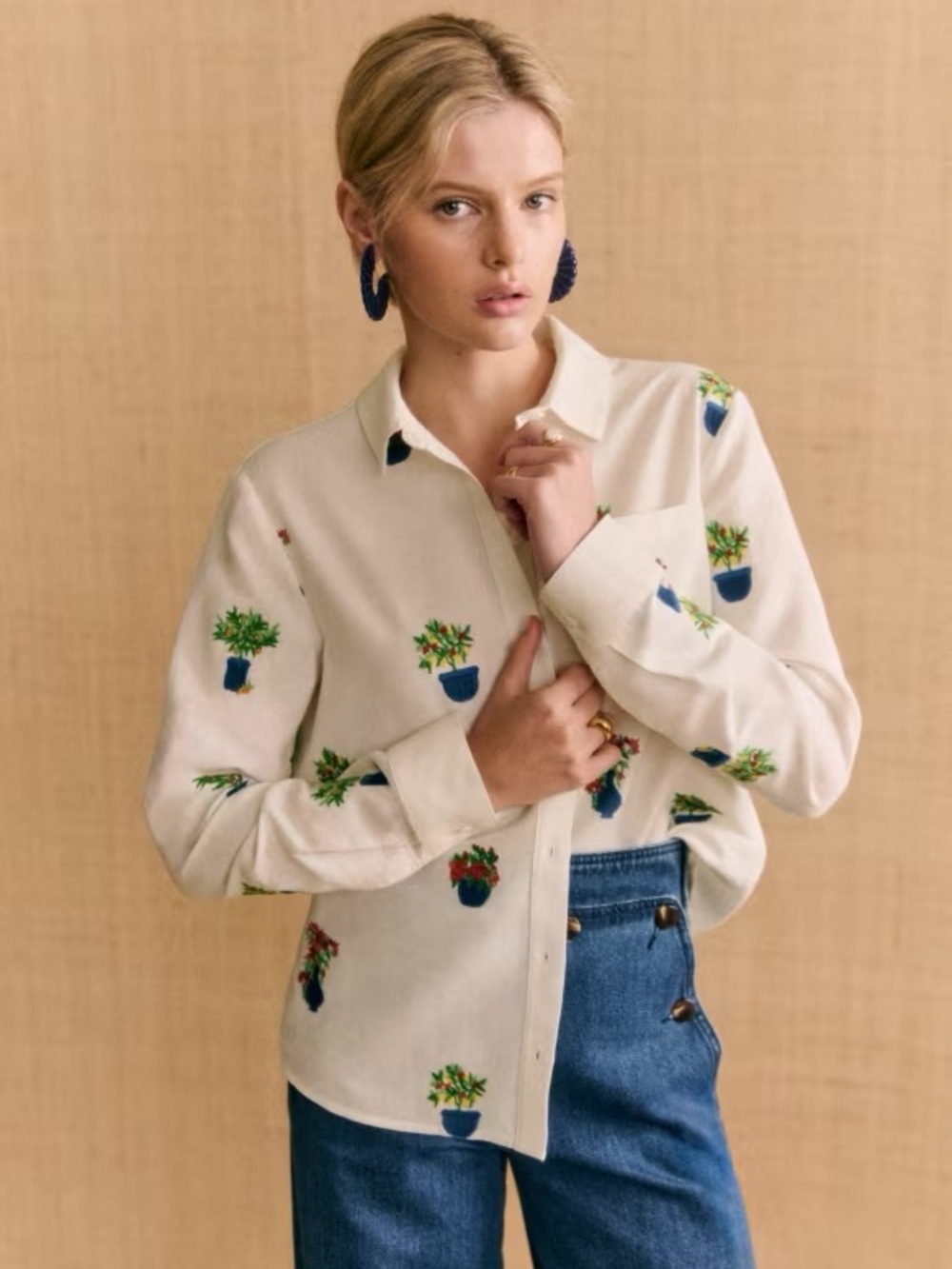 Sezane x Momoni Tomboy Jardini Button-Up Shirt with Blue Green Potted Plants